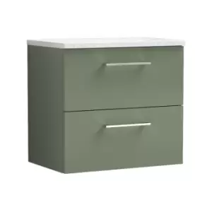 Image of Arno Satin Green 600mm Wall Hung 2 Drawer Vanity Unit with Sparkling White Laminate Worktop - ARN824LSW - Satin Green - Nuie