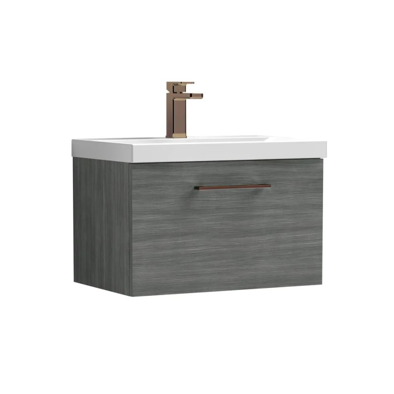 Image of Balterley 600mm Wall Hung 1 Drawer Vanity, Woodgrain Anthracite, Bronze Handle in Grey Grey Unisex