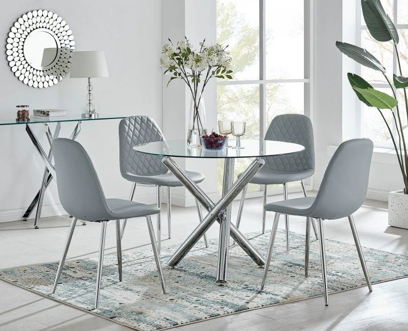 Image of FurnitureboxUK FurnitureboxUK Selina Round Glass Chrome Leg Dining Table and Corona Silver Leg Chairs in Grey Size: 4 Person Grey 4 Person Unisex 50