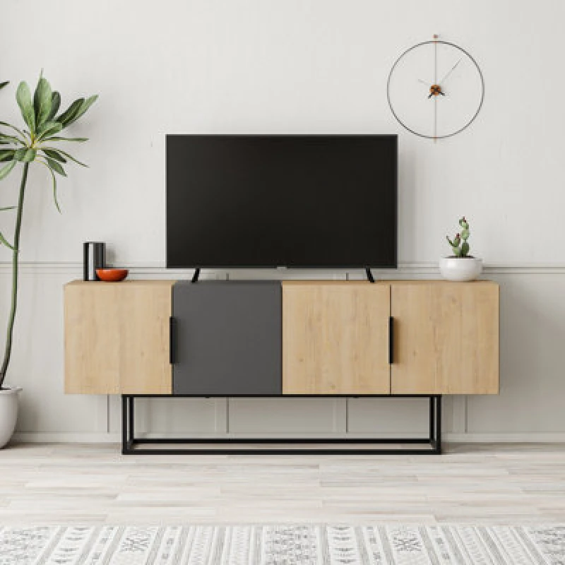Image of DECORTIE Decortie - Tontini Modern tv Stand Multimedia Centre tv Unit With Storage Cabinet 140cm - Oak / Anthracite Grey - Anthracite Grey M.TV.23534.