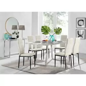 Image of Furniture Box Kylo White Marble Effect Dining Table and 6 Cream Velvet Milan Black Leg Chairs