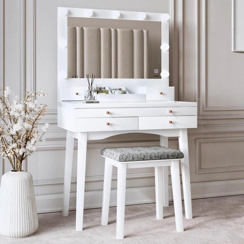 Image of CARME HOME Taylor Dressing Table with Hollywood Mirror LED Lights Glass Tabletop Storage Stool Set in White White Unisex