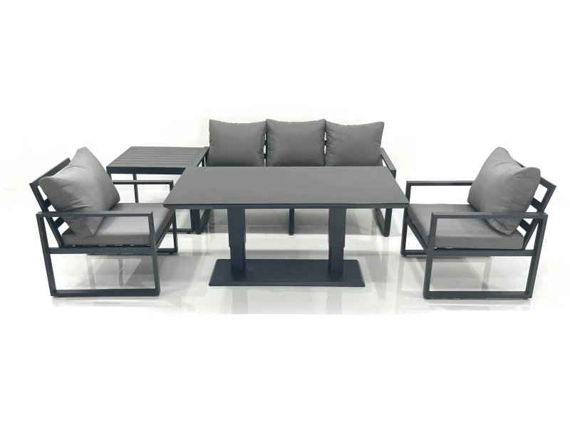 Image of Fimous Outdoor Aluminium Garden Furniture Set with Adjustable Rising Lifting Dining Table 3 Seater Sofa 2 Chair Side Table Dark Grey Dark Grey Unisex