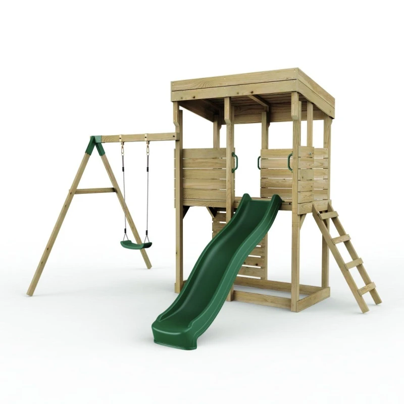 Image of OutdoorToys XL Lookout Tower Playhouse with Single Swing & Slide for Kids in Brown Brown Unisex