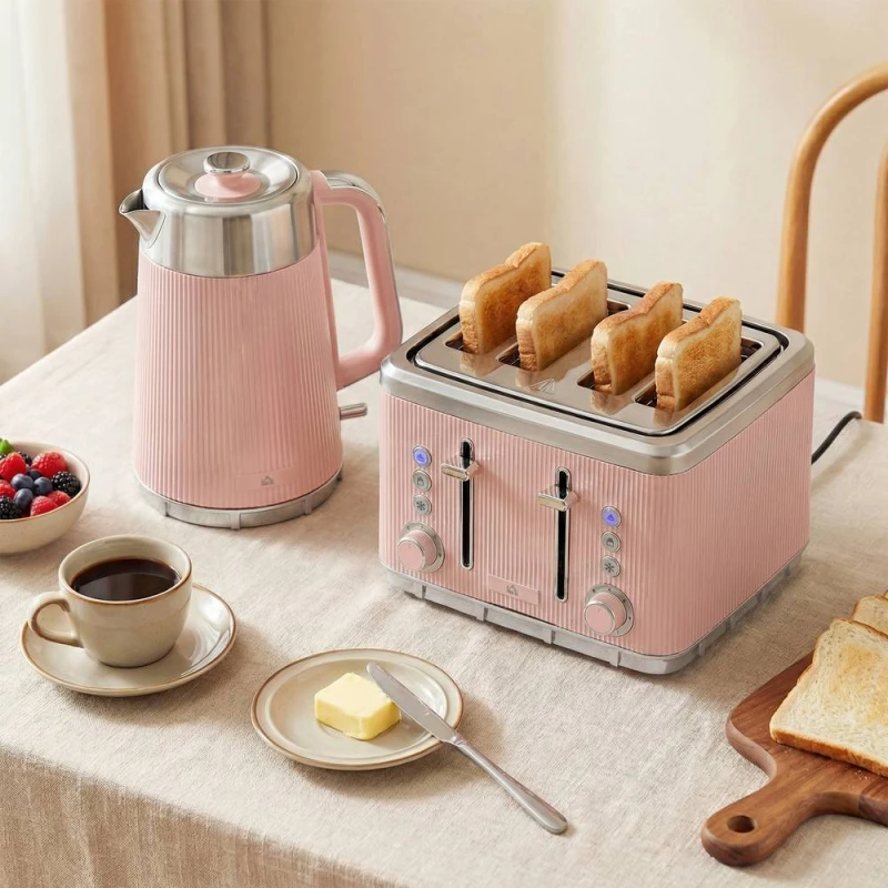 Image of HOMCOM 1.7L 3000W Rapid Boil Kettle & 4 Slice Toaster Set Crumb Tray in Pink Pink Unisex
