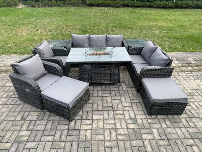 Image of Fimous PE Wicker Outdoor Rattan Garden Furniture Set Propane Gas Fire Pit Table and Sofa Chair set with 2 Side Tables 2 Big Footstool Dark Grey