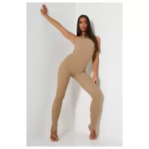 Image of I Saw It First Seamless Rib Racer Neck Split Hem Jumpsuit - Brown