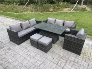 Image of Fimous 7 Seater Outdoor Dark Grey Wicker PE Rattan Garden Furniture with Adjustable Rising Lifting Dining Table and 2 Stools
