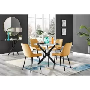 Image of Furniture Box Novara Black Leg Round Glass Dining Table and 4 Mustard Pesaro Black Leg Chairs