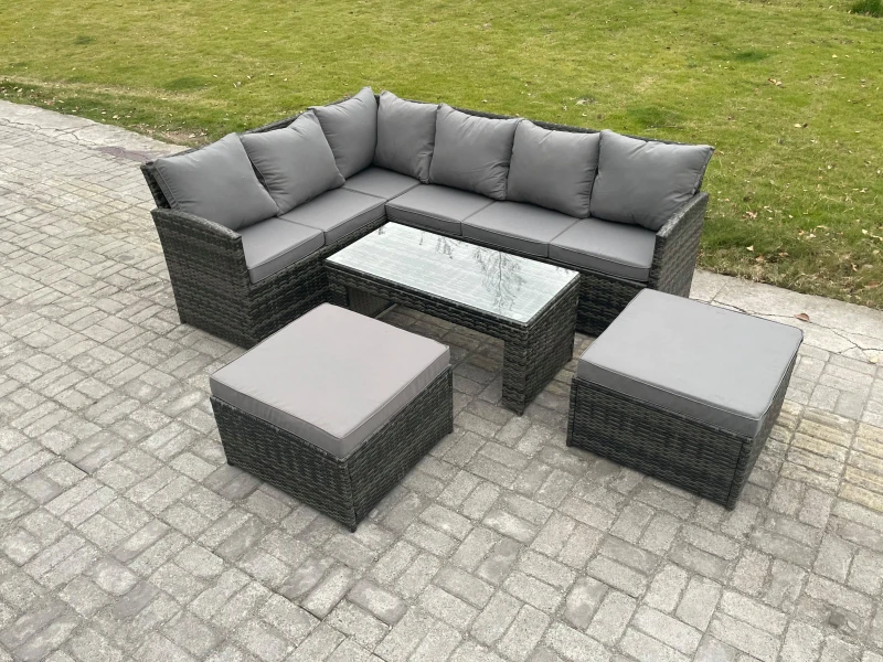 Image of Fimous Rattan Garden Furniture Sets High Back Corner Sofa Oblong Coffee Table Set with 2 Big Footstool Dark Grey Mixed Dark Grey