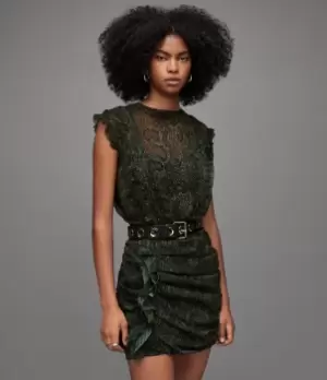 Image of AllSaints Womens Hali Tamora Mini Dress, Khaki Green, Size: 12