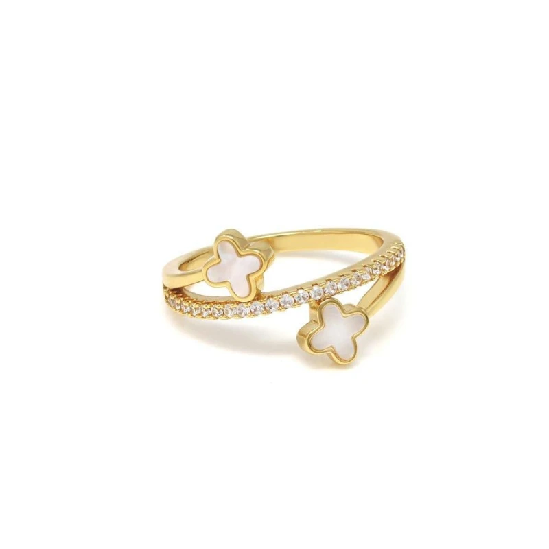 Image of Say It With Clover Ring - Stainless Steel (Gold & Faux Pearl) - Small in Gold Gold Unisex S