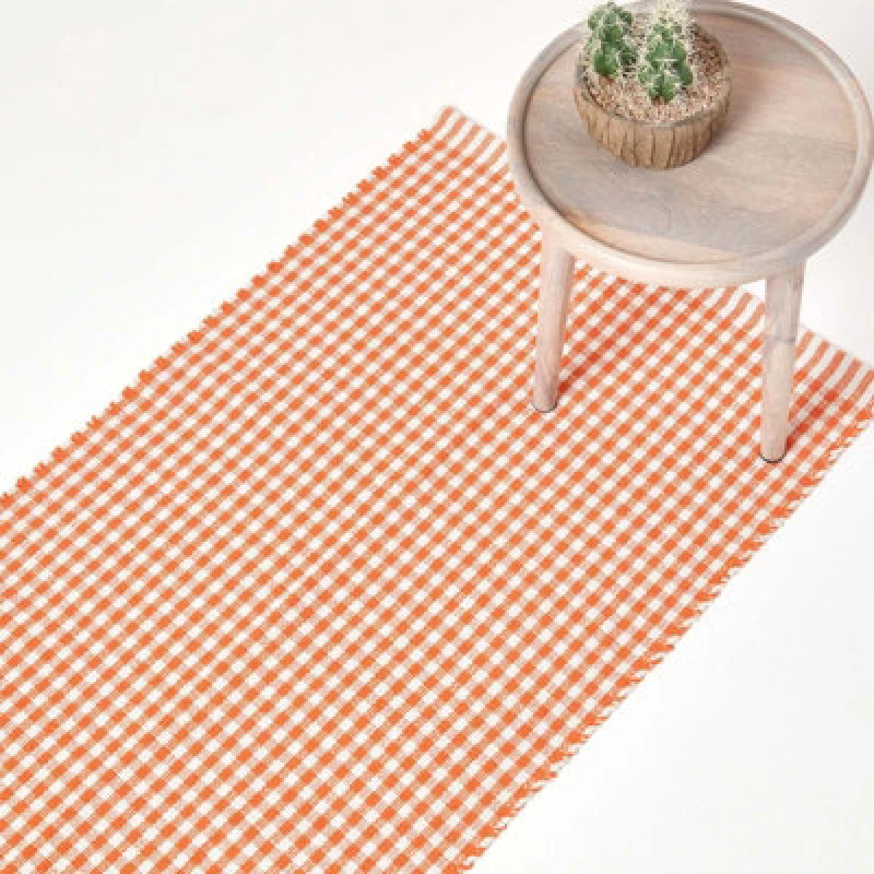 Image of Homescapes Cotton Gingham Check Hand Woven Hall Runner, 66 x 200cm Orange