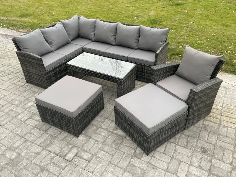 Image of Fimous Rattan Garden Furniture Sets High Back Corner Sofa Oblong Coffee Table Set with 2 Big Footstool Armchair Dark Grey Mixed Dark Grey Unisex