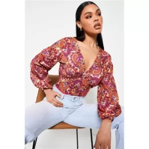 Image of I Saw It First Multi Wrap Front Balloon Sleeve Paisley Print Bodysuit - Multi