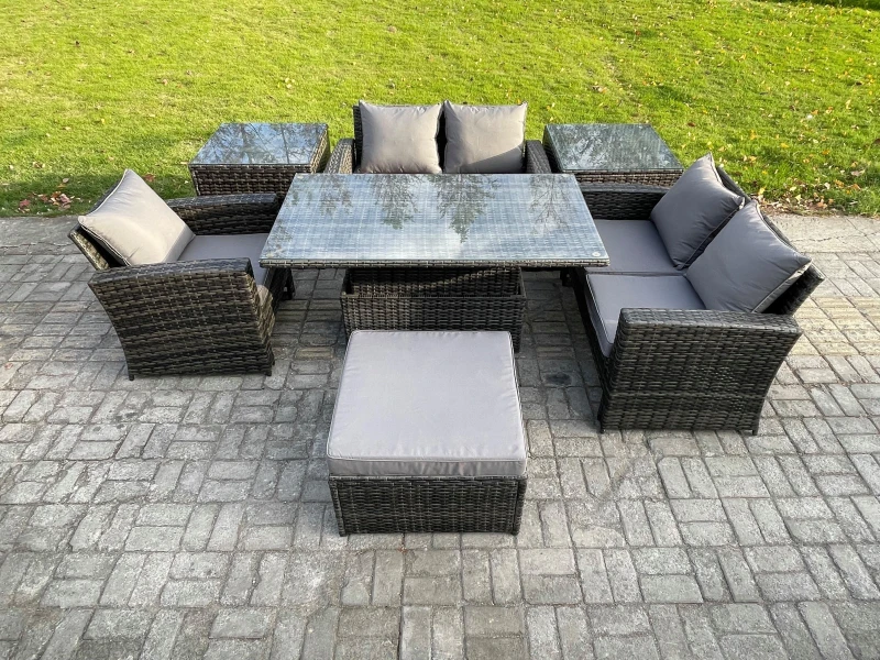 Image of Fimous 7pcs Rattan Outdoor Garden Furniture Set Height Adjustable Rising Lifting Table Sofa Dining Set with 2 Side Tables Big Footstool in Dark Grey D
