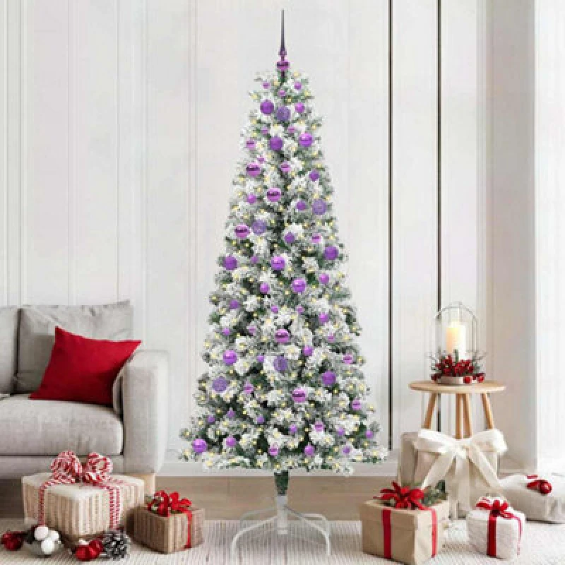 Image of vidaXL Artificial Hinged Christmas Tree with Lilac Balls Green and white 210 cm, Green 3395610