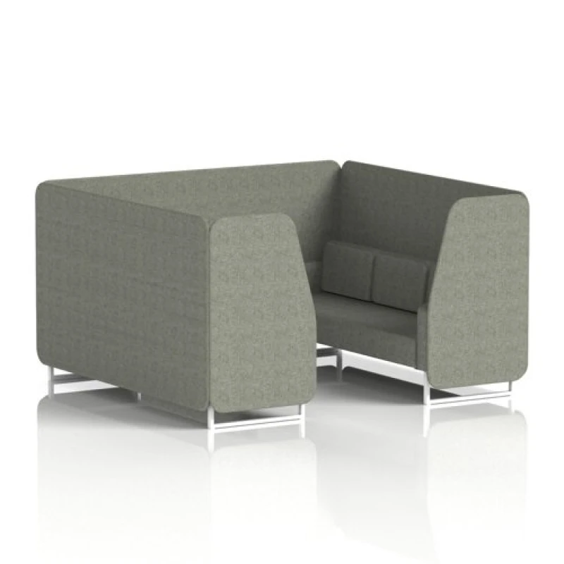Image of Brixworth 6 Seater Office Booth with Front Panel - White Legs in Rivet Fabric - Vitreous Panels and Sofa