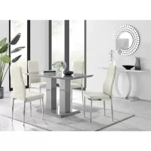 Image of Furniturebox Imperia 4 High Gloss Grey Modern Dining Table and 4 Cream Milan Faux Leather Dining Chairs With Silver Legs Diamond Stitch Modern