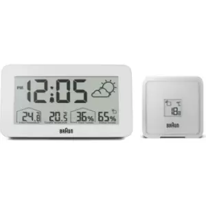 Image of Braun Digital Weather Station Clock with Indoor and Outdoor Temperature and Humidity, Forecast, LCD display, Quick-set, Crescendo beep alarm in white,