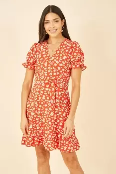 Image of Red Daisy Print Wrap Dress