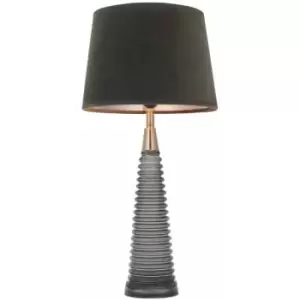 Image of Table Lamp - Charcoal Ribbed Glass, Bright Nickel Plate & Mocha Velvet - 40W E27