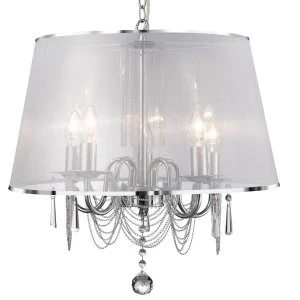 Image of 5 Light Multi Arm Ceiling Pendant Chrome, Crystals with Shade, E14
