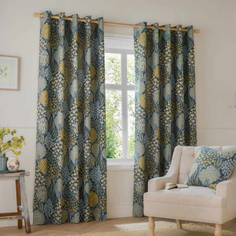 Image of Wylder Ophelia Floral Jacquard Room Darkening Eyelet Curtain Pair Blue/saffron (W)229Cmx (D)229Cm