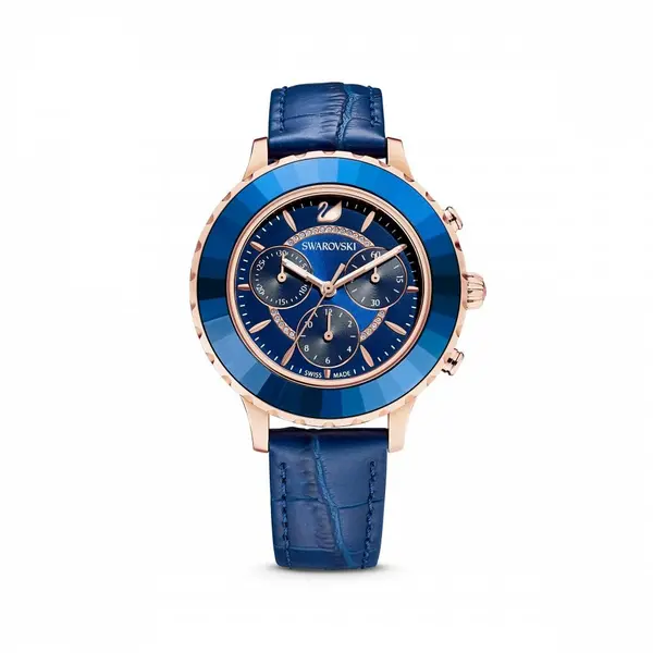 Image of Swarovski Octea Lux Chrono Leather Strap Blue Rose Gold Tone Watch 556