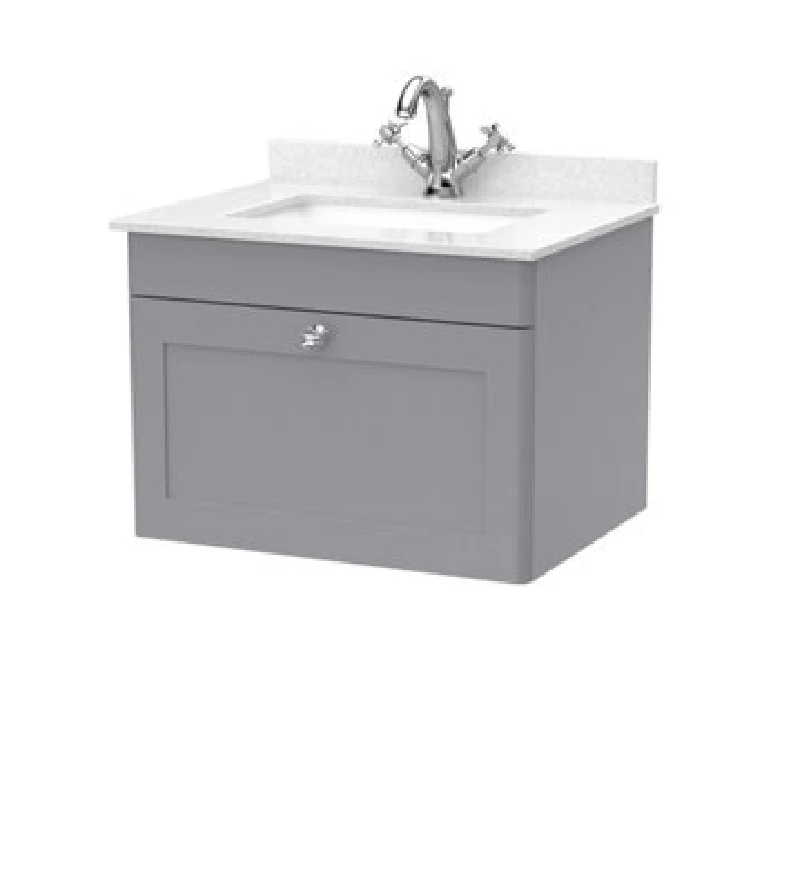 Image of Nuie Classique Wall Hung 1 Drawer Vanity Unit & 1 Tap Hole White Marble Top With Square Basin, Contemporary Sink Vanity Unit In