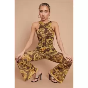 Image of I Saw It First Chocolate Isaw Monogram Scarf Print V-Neck Detail Bodysuit - Brown