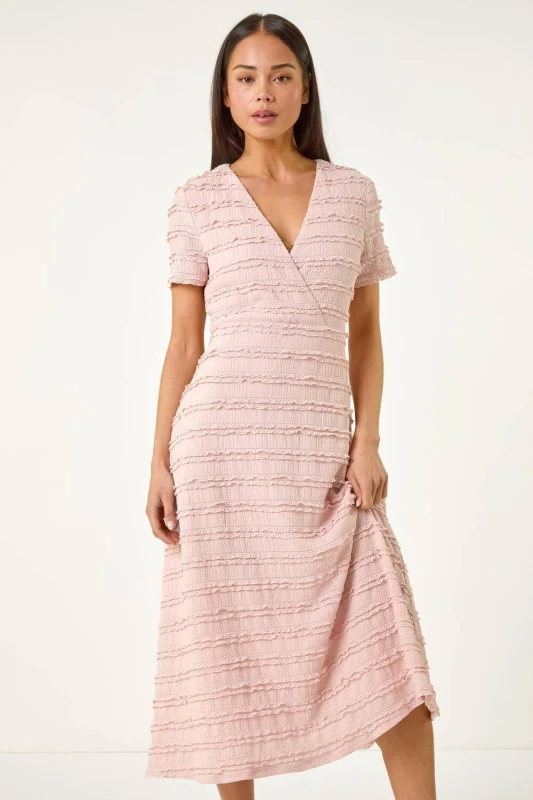 Image of Roman Womens Petite Ruffle Midi Wrap Dress in Light Pink Size: 18 Light Pink Female 18
