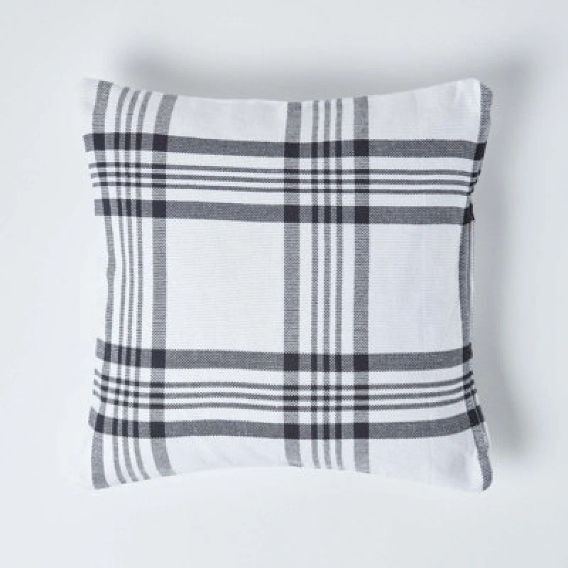 Image of Homescapes White & Black Tartan Pattern Cushion Cover, 45 X 45 Cm