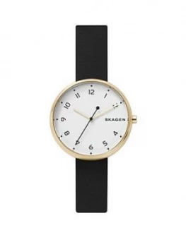 Image of Skagen White And Gold Case Dial Black Leather Strap Watch