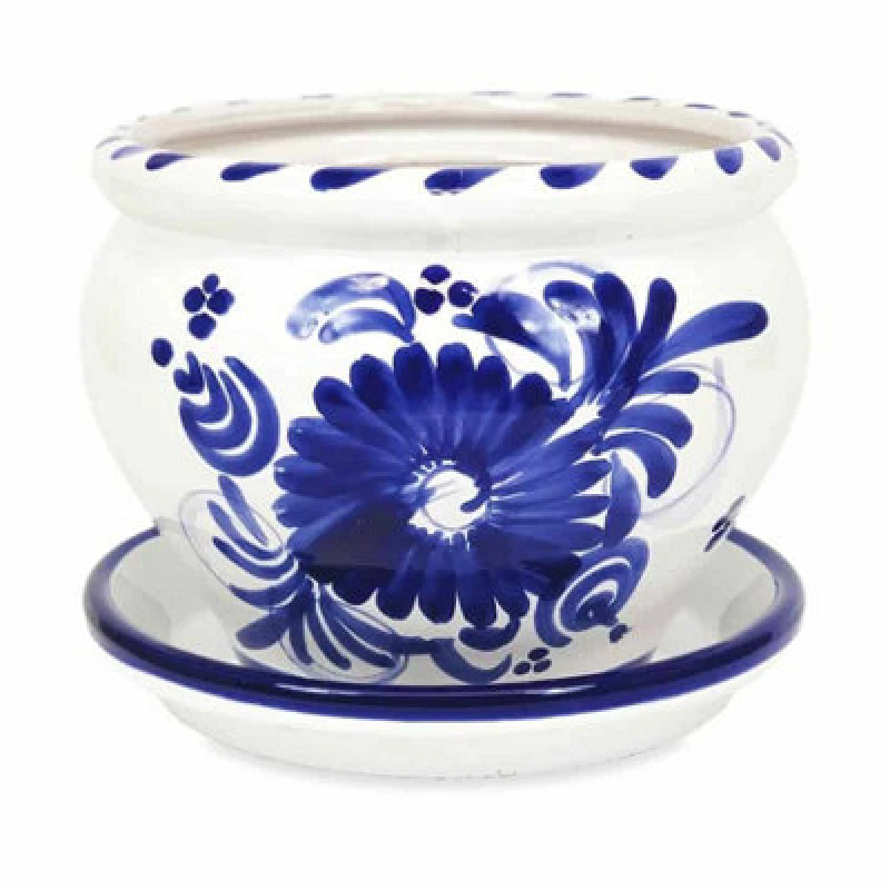 Image of Verano Spanish Ceramics Blue Floral Hand Painted Outdoor Garden Bola Pot & Drainage Plate (D) 25cm Blue unisex