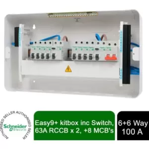 Image of Schneider Electric - Easy9+ EZ9ER6R6MRE Consumer Unit 6+6 100A 2x 63A RCD 8x MCB