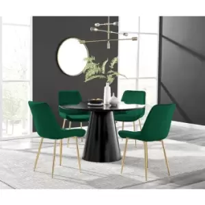 Image of Furniturebox Palma Black Semi Gloss 120cm Round Minimalist Dining Table & 4 Green Pesaro Gold Leg Chairs
