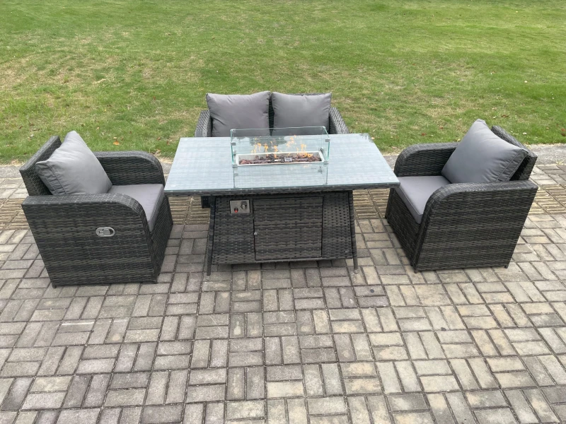 Image of Fimous Rattan Outdoor Garden Furniture Sofa Set Gas Fire Pit Dining Table Gas Heater with Love Sofa 2 Recling Chair Dark Grey Mixed Dark Grey