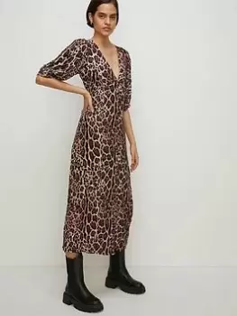 Image of Oasis Animal Print Puff Sleeve Button Midi Dress - Multi, Black, Size 12, Women