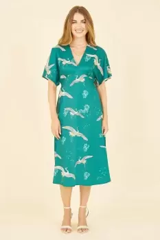 Image of Green Crane Print Kimono Midi Dress
