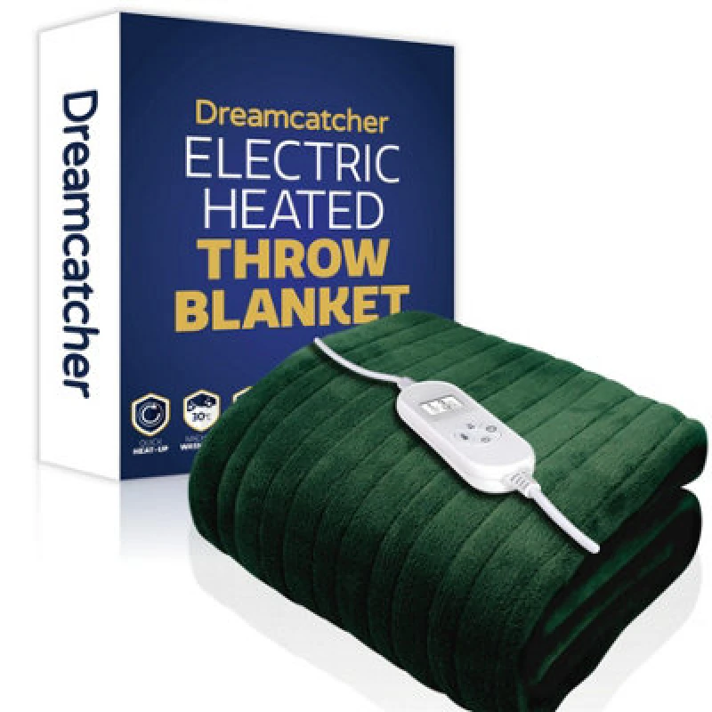 Image of Dreamcatcher Deluxe Xl Electric Throw Heated Double Over Blanket Soft Fleece 9 Heat & 12Hr Timer Settings - Green