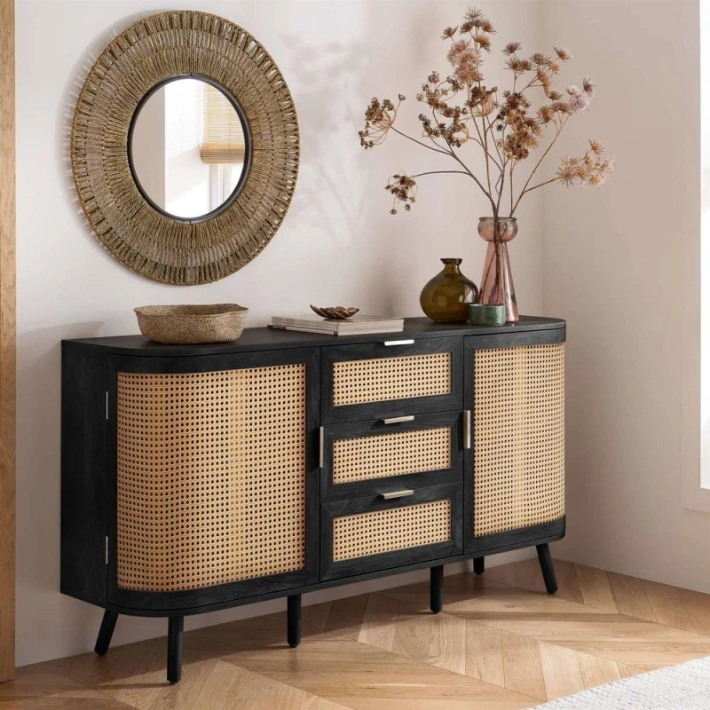 Image of Birlea Noah Rattan and Black 2 Door 3 Drawer Sideboard