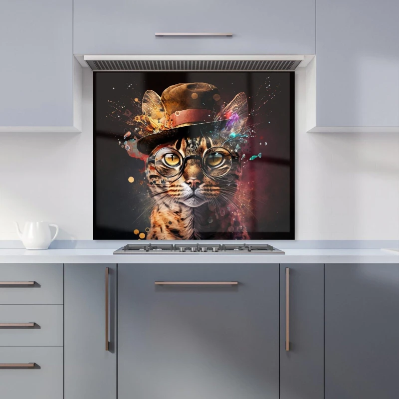 Image of Warren Reed - Designer Bengal Cat With Glasses Splashart Kitchen Splashback Size: 600mm x 650mm Multicolor Unisex 600mm x 650mm