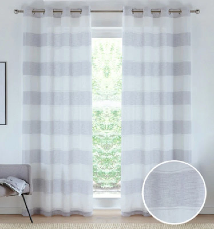 Image of Tyrone Textiles Pair Of Santorini Grey Linen Look Stripe Panels With Eyelet Header 183Cm