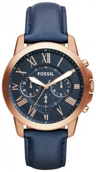 Image of Fossil Grant Mens Chronograph Blue Leather Strap Watch