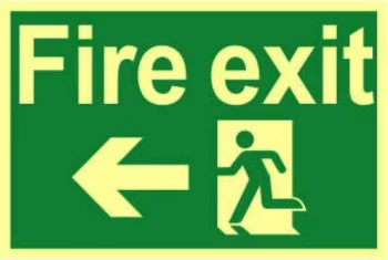 Image of Scan Fire Exit Running Man Sign Arrow Left 300mm 200mm Photoluminescent