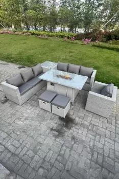 Image of Fimous 7 Seater Outdoor Light Grey Rattan Lounge Complete Sofa Set with Gas Fire Pit Dining Table and 2 Stools