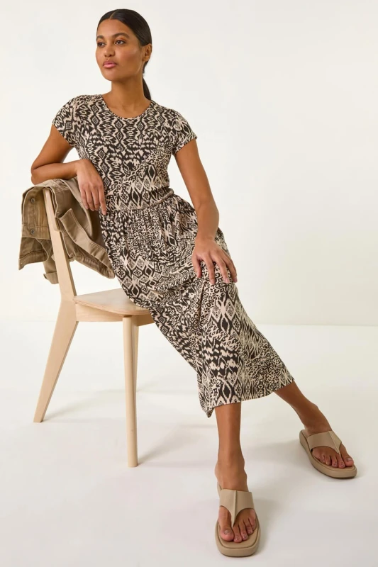 Image of Roman Womens Abstract Print Midi Dress in Brown Size: 10 Brown Female 10