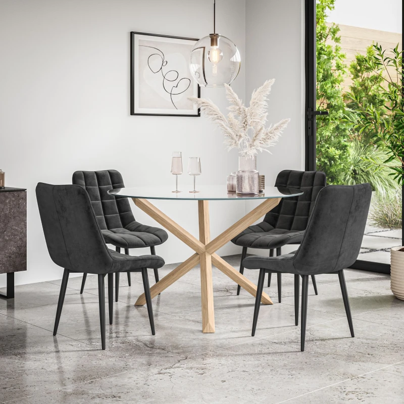Image of More4Homes Malvern Round Dining Table And Chairs - Clear Glass Table Top W Solid Oak Legs + Nova Velvet Dining Chair Set Of 4 (Black)