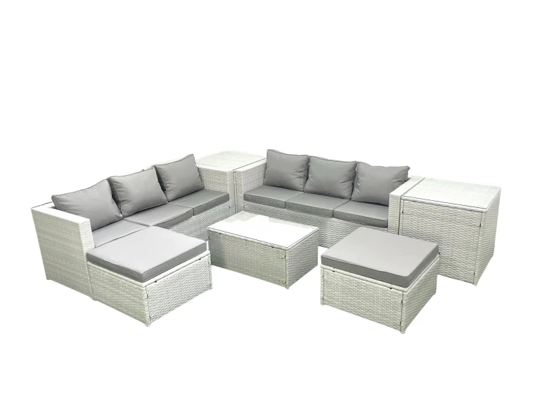 Image of Fimous Garden Outdoor PE Rattan Furniture Set 8 Seater Rattan Garden Sofa Set with 2 Big Footstools 2 Side Tables Light Grey Mixed Light Grey